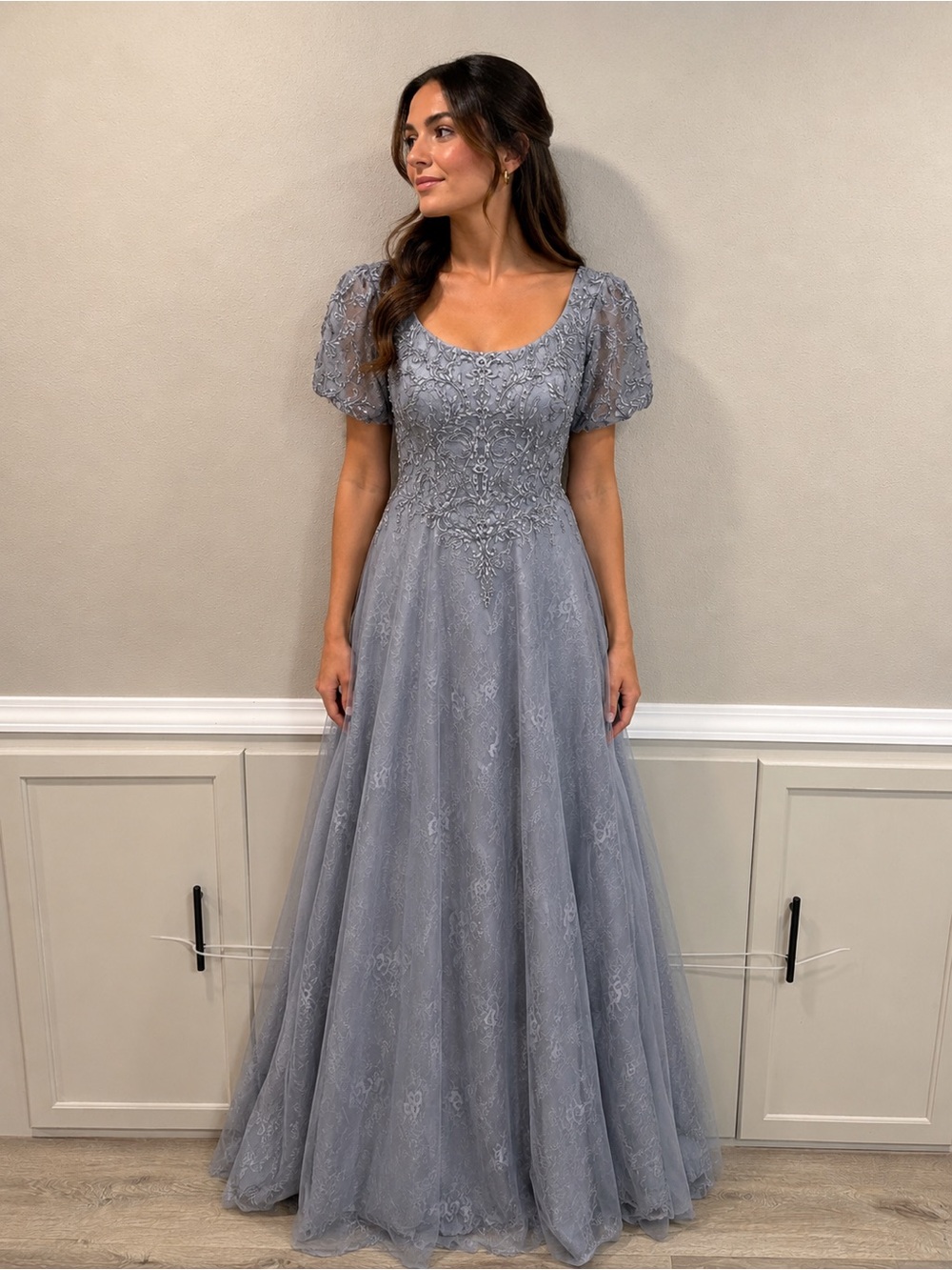 NWT MGNY Elegant Lace A-Line Evening Dress in Silver